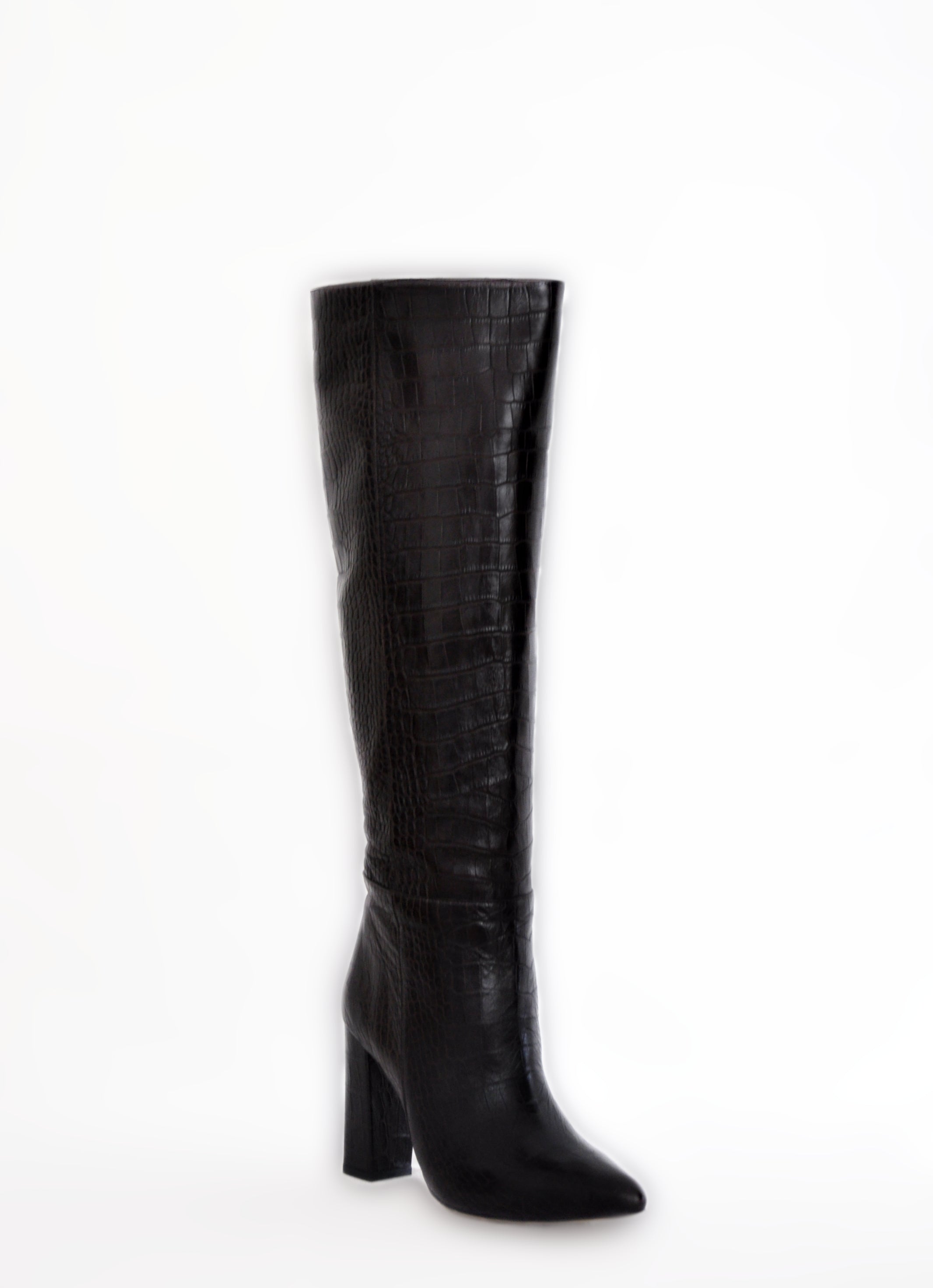 Black Snakeskin Block Heel Calf Boots