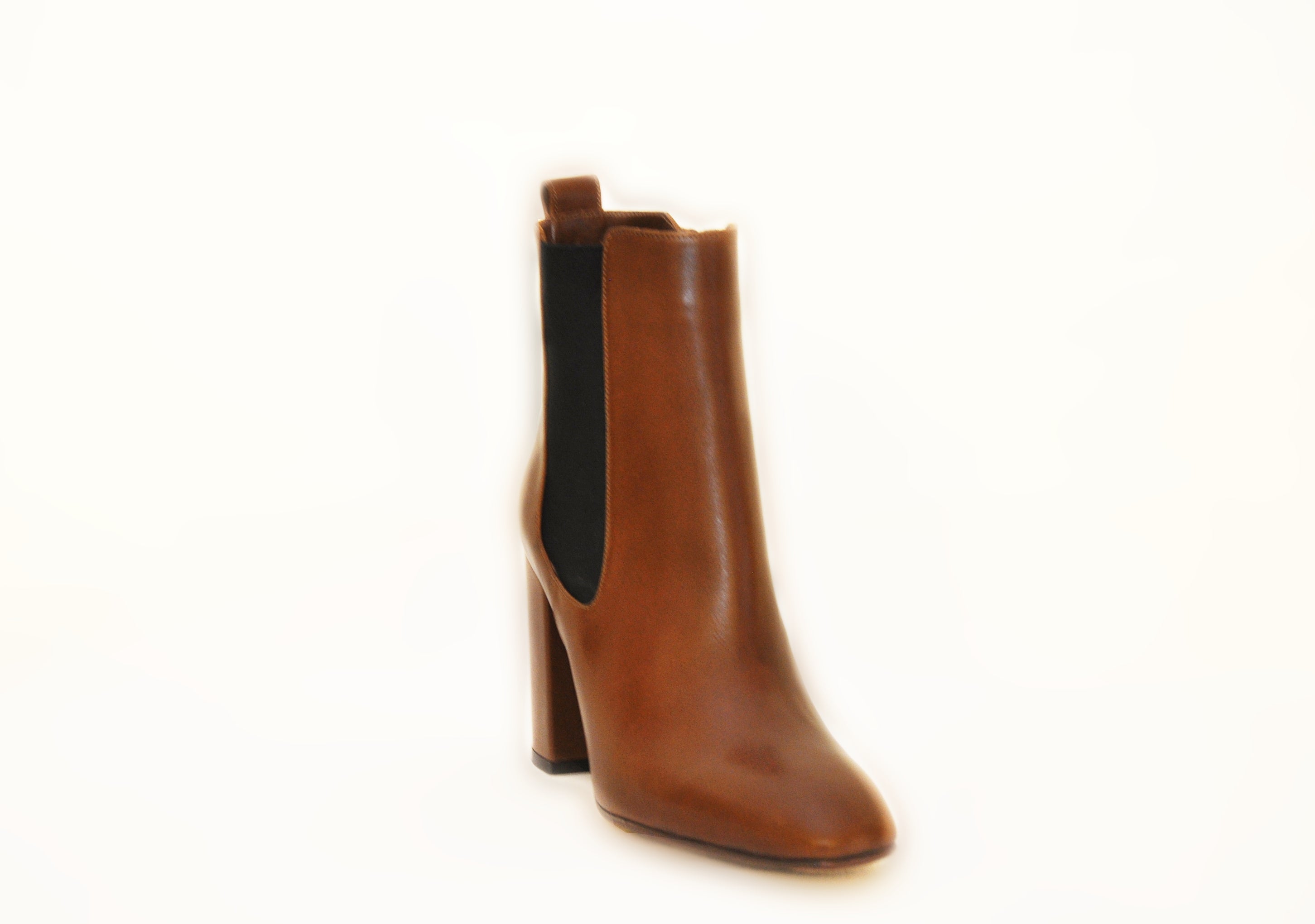 Cognac Leather Block Heel Ankle Boots