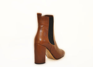 Cognac Leather Block Heel Ankle Boots