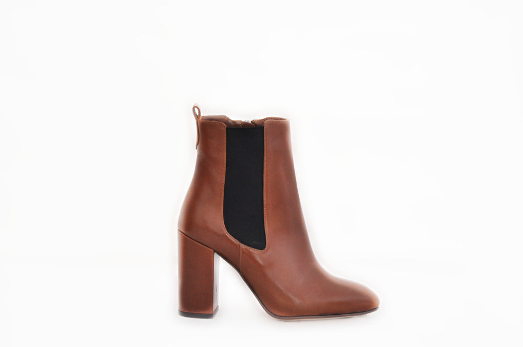 Cognac Leather Block Heel Ankle Boots