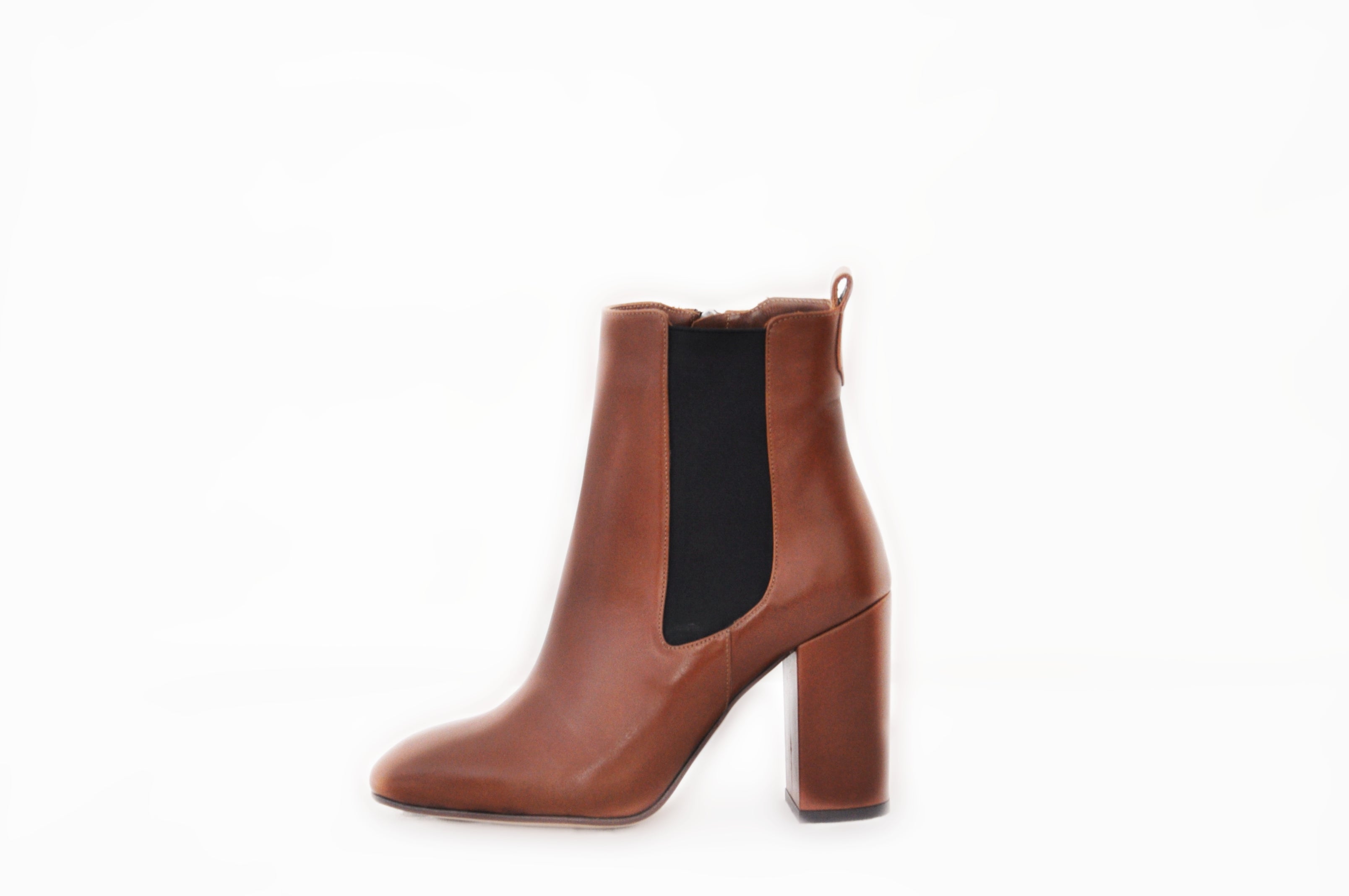 Cognac Leather Block Heel Ankle Boots