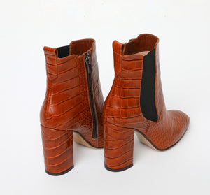 Brown Croc Block Heel Calf Boots