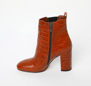 Brown Croc Block Heel Calf Boots