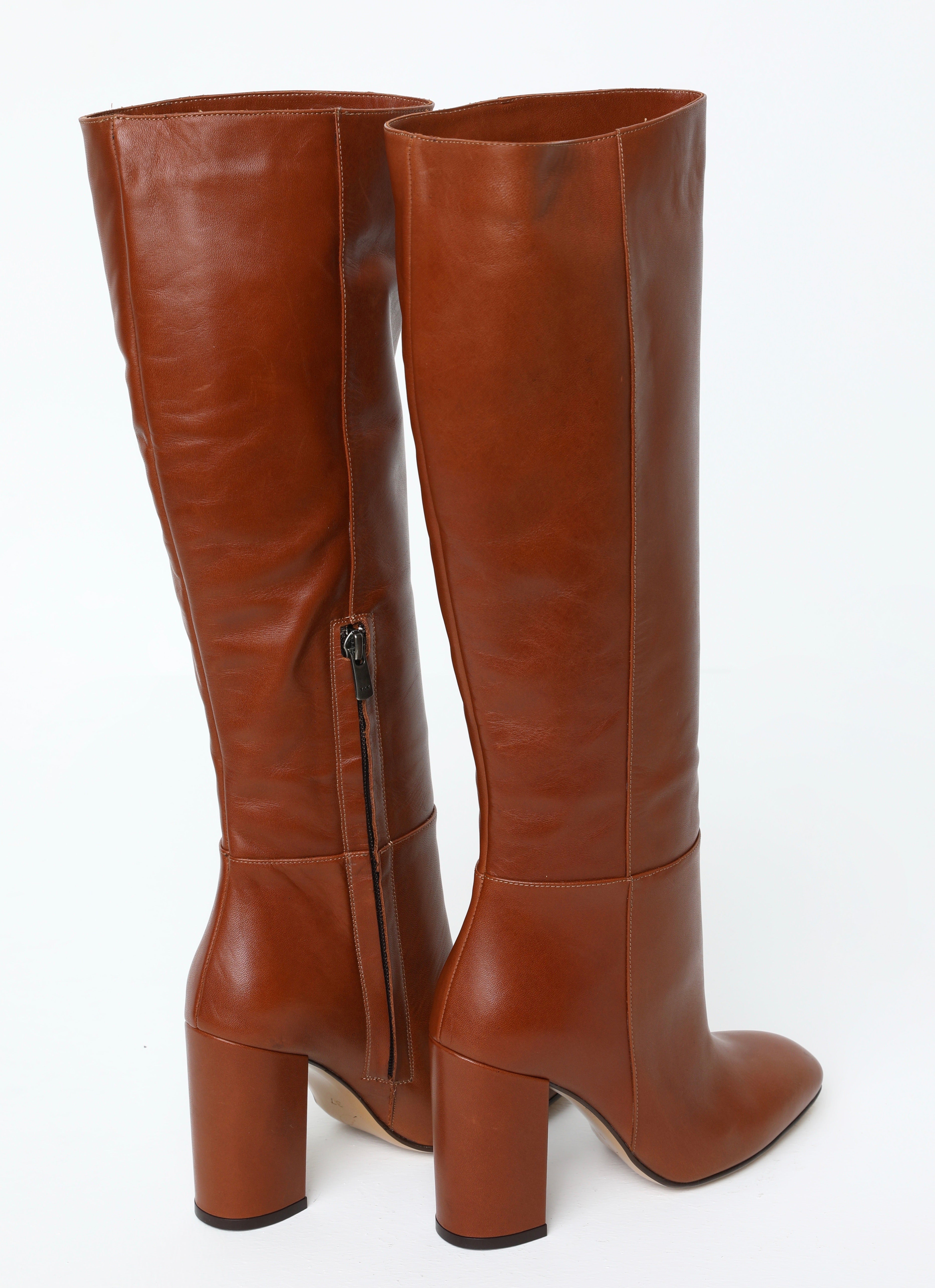 Brown Leather Block Heel Knee Boots