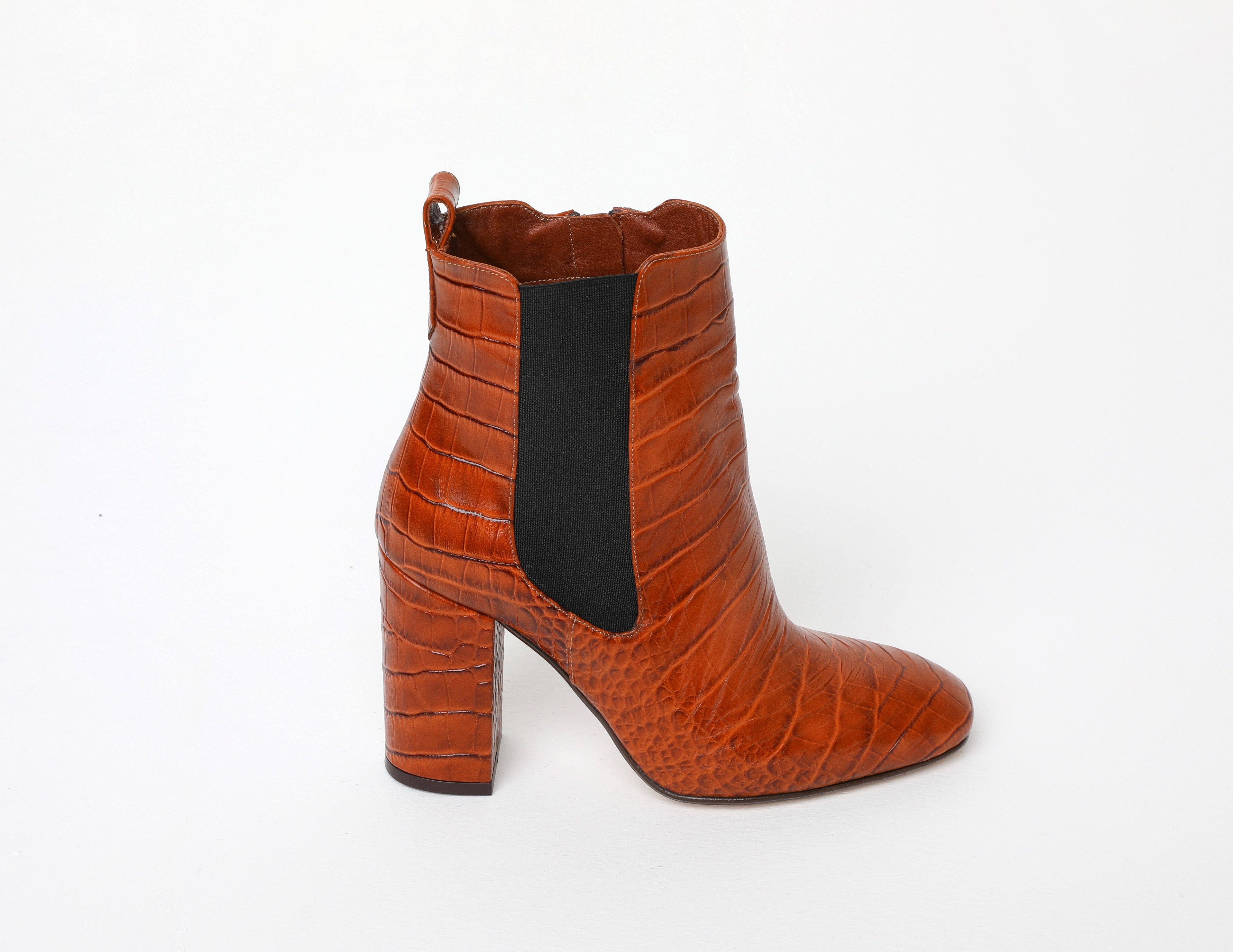 Brown Croc Block Heel Calf Boots