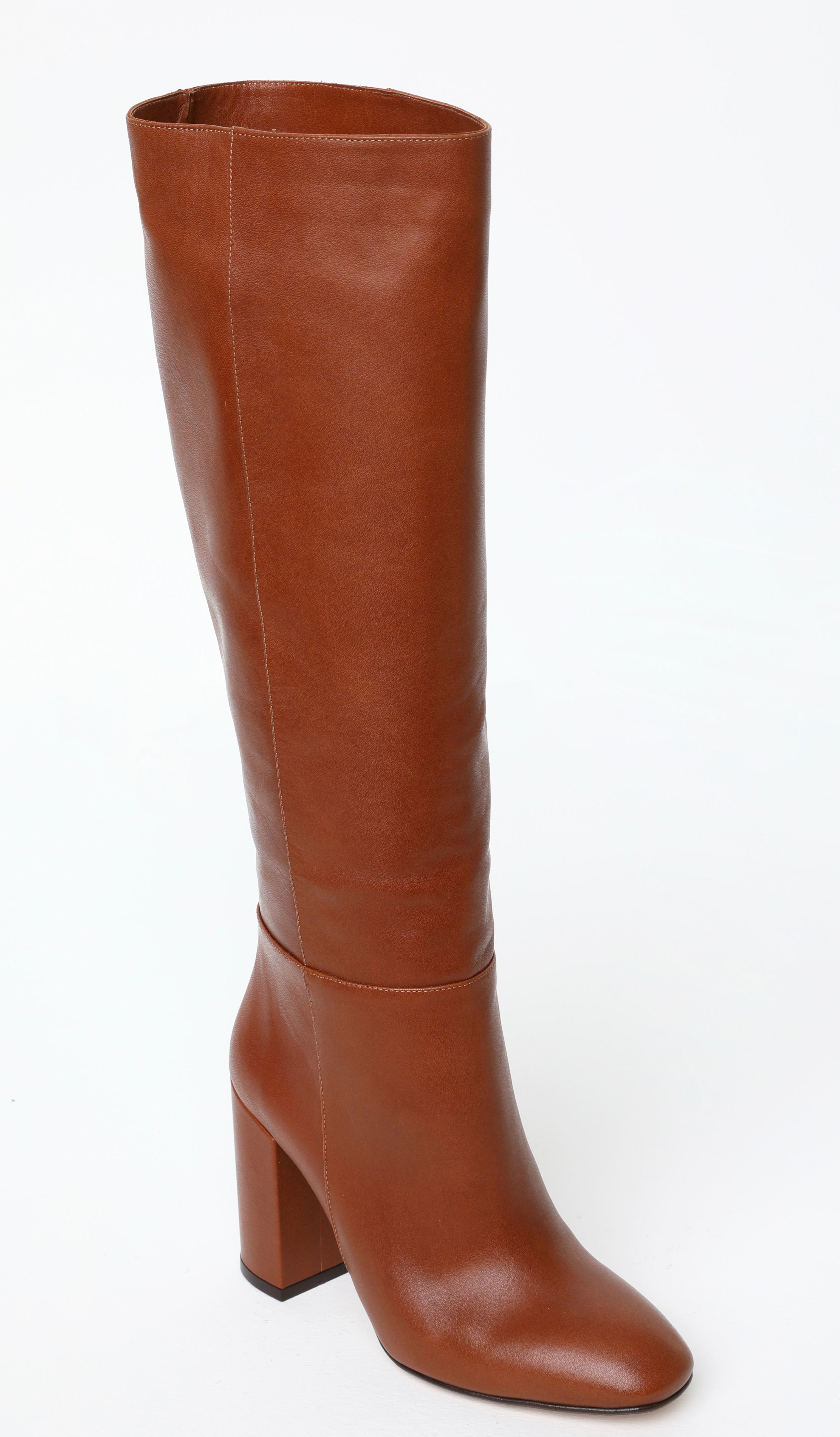 Brown Leather Block Heel Knee Boots