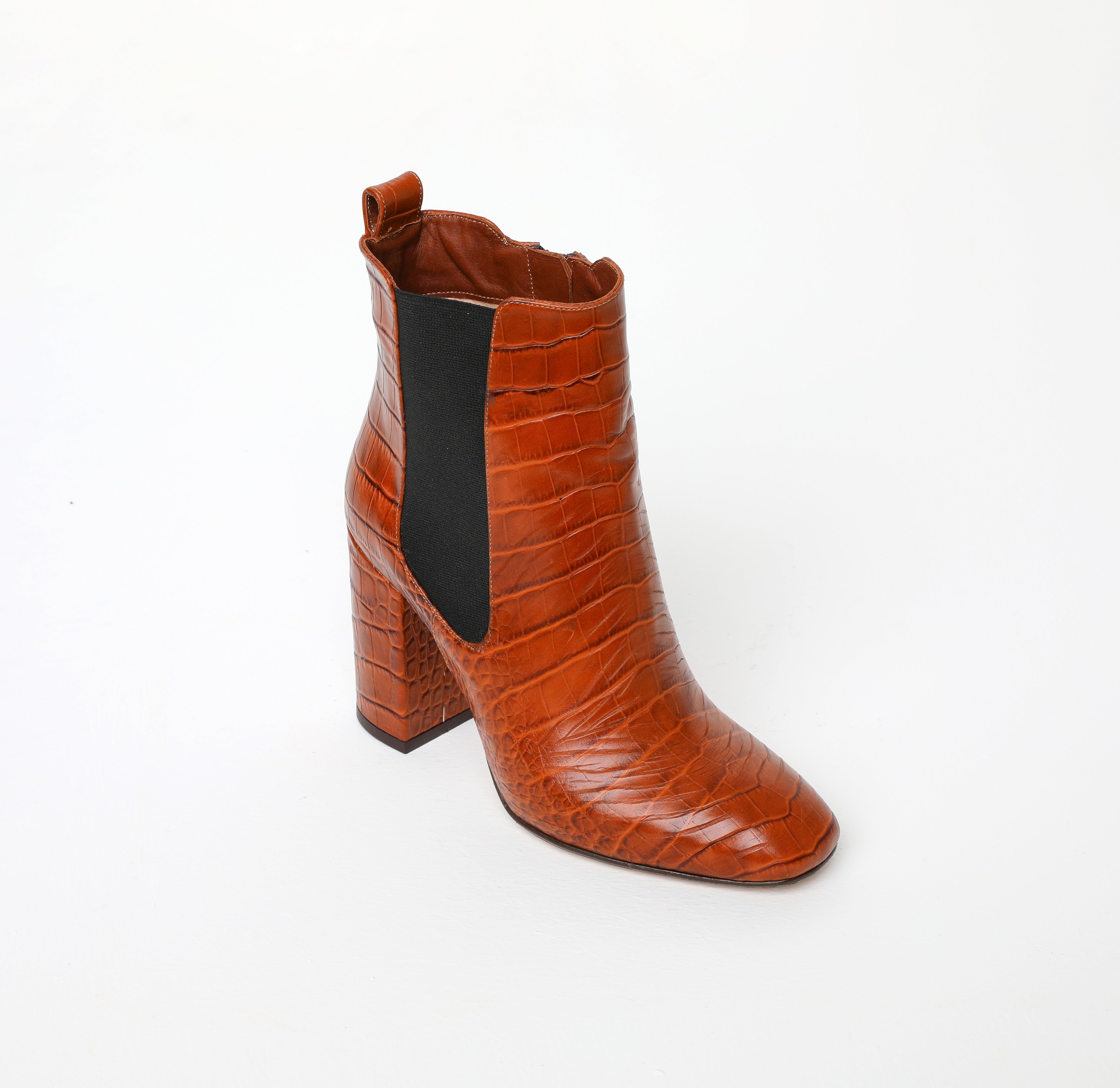 Brown Croc Block Heel Calf Boots